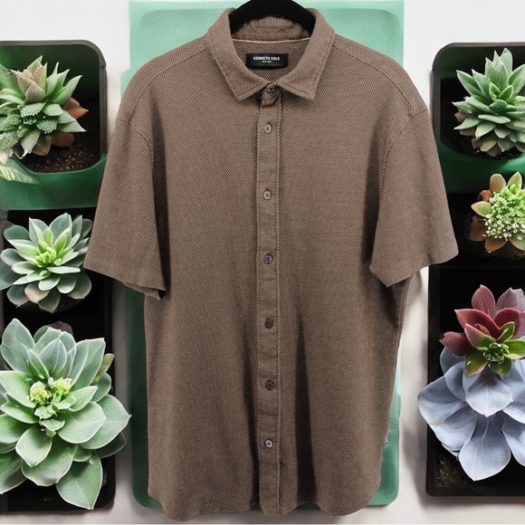 Kenneth Cole Tan Micro Dot Short Sleeve Buttonup Camp Chic Capsule Men's Size M - Picture 1 of 7
